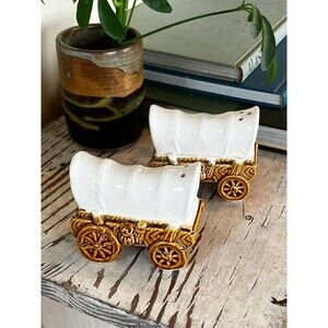 Vintage White & Gold Pioneer Wagon Salt & Pepper Shakers